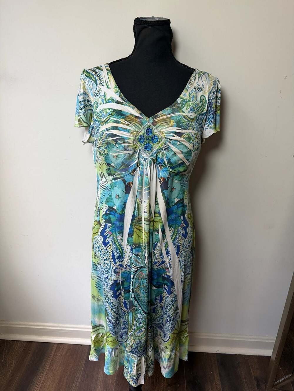 Style & Co. Women's Short Sleeve Embellished V-Neck Paisley Floral Dress
